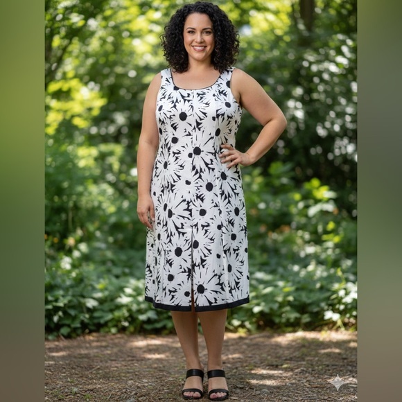 Vtg Talbots Women’s 14 Black White Floral Cotton Sleeveless Sheath Dress Xl